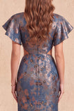 Navy V-Neck Mermaid Jacquard Floral Cut Out Long Formal Dress with Slit