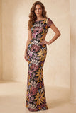 Black Mermaid Bateau Neck Floral Cut Out Long Formal Dress with Sequins