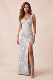 Light Grey Floral Mermaid Thick Straps Long Formal Dress with Slit