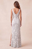 Light Grey Floral Mermaid Thick Straps Long Formal Dress with Slit