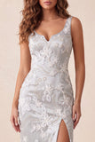 Light Grey Floral Mermaid Thick Straps Long Formal Dress with Slit