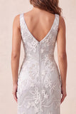 Light Grey Floral Mermaid Thick Straps Long Formal Dress with Slit