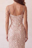 Champagne Cold Shoulder Floral Mermaid Long Formal Dress with Slit