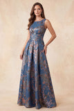A-Line Navy Jacquard Floral Round Neck Ruched Long Formal Dress