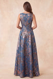 A-Line Navy Jacquard Floral Round Neck Ruched Long Formal Dress