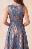 A-Line Navy Jacquard Floral Round Neck Ruched Long Formal Dress