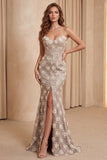 Champagne Mermaid Sequins Floral Spaghetti Straps Long Formal Dress with Slit