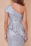 One Shoulder Dusty Blue Mermaid Sequins Ruffled Midi Formal Dress with Slit