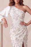One Shoulder Light Grey Floral Mermaid Sequins Long Formal Dress with Slit