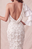 One Shoulder Light Grey Floral Mermaid Sequins Long Formal Dress with Slit