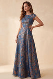 Navy Floral A-Line Jacquard Cut Out Bateau Neck Long Formal Dress with Cap Sleeves