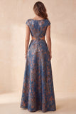 Navy Floral A-Line Jacquard Cut Out Bateau Neck Long Formal Dress with Cap Sleeves