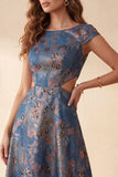 Navy Floral A-Line Jacquard Cut Out Bateau Neck Long Formal Dress with Cap Sleeves