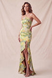 Yellow Halter Neck Floral Mermaid Ruffled Long Formal Dress with Slit