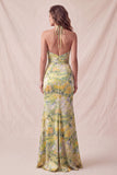 Yellow Halter Neck Floral Mermaid Ruffled Long Formal Dress with Slit
