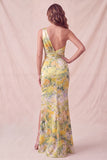 Yellow One Shoulder Floral Mermaid Ruched Long Formal Dress with Slit