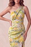 Yellow One Shoulder Floral Mermaid Ruched Long Formal Dress with Slit