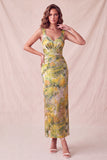 Yellow Floral Bodycon Thick Straps Ruched Midi Formal Dress