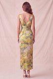 Yellow Floral Bodycon Thick Straps Ruched Midi Formal Dress