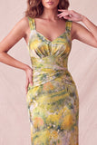 Yellow Floral Bodycon Thick Straps Ruched Midi Formal Dress