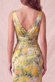 Yellow Floral Bodycon Thick Straps Ruched Midi Formal Dress