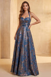 Jacquard Navy Floral A-Line Ruched Long Formal Dress