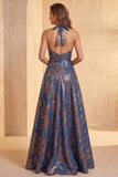 Jacquard Navy Floral A-Line Ruched Long Formal Dress