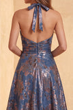 Jacquard Navy Floral A-Line Ruched Long Formal Dress