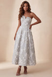 A-Line Light Grey One Shoulder Floral Midi Formal Dress