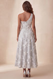 A-Line Light Grey One Shoulder Floral Midi Formal Dress