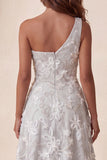A-Line Light Grey One Shoulder Floral Midi Formal Dress