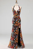 Black Sequins Floral Mermaid Halter Neck Long Formal Dress with Slit