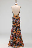 Black Sequins Floral Mermaid Halter Neck Long Formal Dress with Slit
