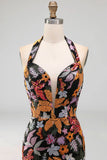Black Sequins Floral Mermaid Halter Neck Long Formal Dress with Slit