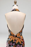 Black Sequins Floral Mermaid Halter Neck Long Formal Dress with Slit