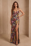 Black Sequins Floral Mermaid Halter Neck Long Formal Dress with Slit