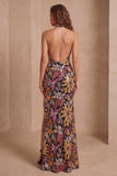 Black Sequins Floral Mermaid Halter Neck Long Formal Dress with Slit
