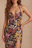 Black Sequins Floral Mermaid Halter Neck Long Formal Dress with Slit