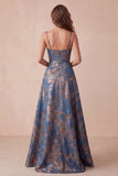 A-Line Navy Jacquard Floral Spaghetti Straps Ruched Long Formal Dress