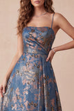 A-Line Navy Jacquard Floral Spaghetti Straps Ruched Long Formal Dress