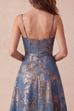 A-Line Navy Jacquard Floral Spaghetti Straps Ruched Long Formal Dress