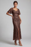 Sparkly Navy Mermaid Flutter Sleeves Sequins Midi Mother Of the Bride Dress with Slit