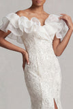 Off the Shoulder Light Blue Mermaid Ruffled Sequins Long Mother Of the Bride Dress with Slit