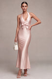 Dark Pink Mermaid Satin Halter Neck Backless Midi Dress with Bow