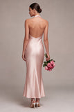 Dark Pink Mermaid Satin Halter Neck Backless Midi Dress with Bow