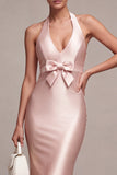 Dark Pink Mermaid Satin Halter Neck Backless Midi Dress with Bow