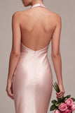 Dark Pink Mermaid Satin Halter Neck Backless Midi Dress with Bow