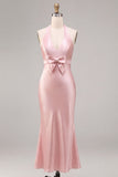 Dark Pink Mermaid Satin Halter Neck Backless Midi Dress with Bow