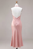Dark Pink Mermaid Satin Halter Neck Backless Midi Dress with Bow