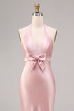 Dark Pink Mermaid Satin Halter Neck Backless Midi Dress with Bow